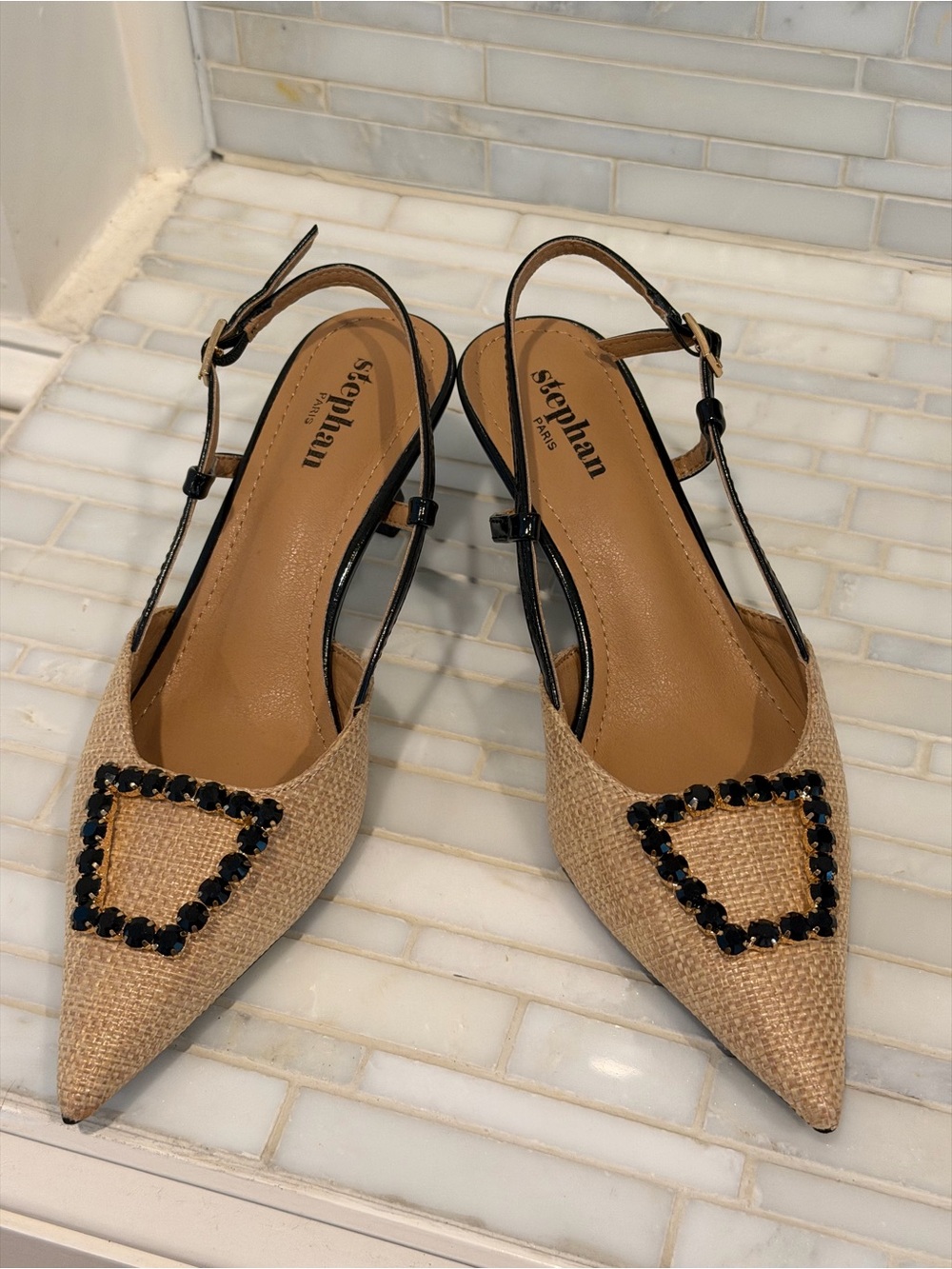 Natural Raffia Pointed Slingback with Black Rhinestones